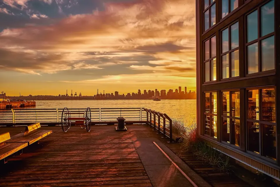 vancouver, pier, sea, sunset