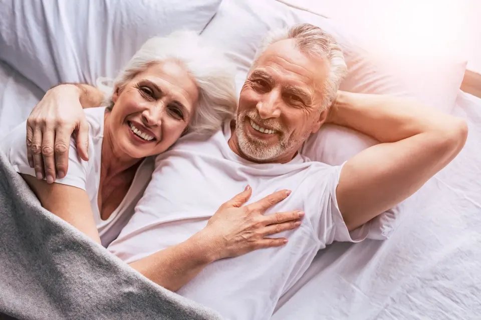 senior, couple, bed, happy